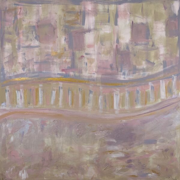 An abstract painting in earth tones of what may be a bridge obscured by fog.